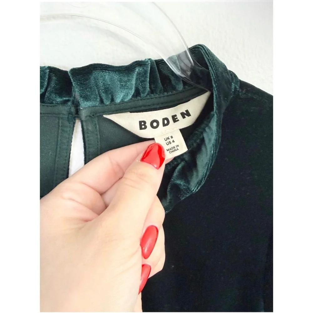 Boden Velvet Frill Neck Top Dark Green Long Sleeve Size US 4 UK 8